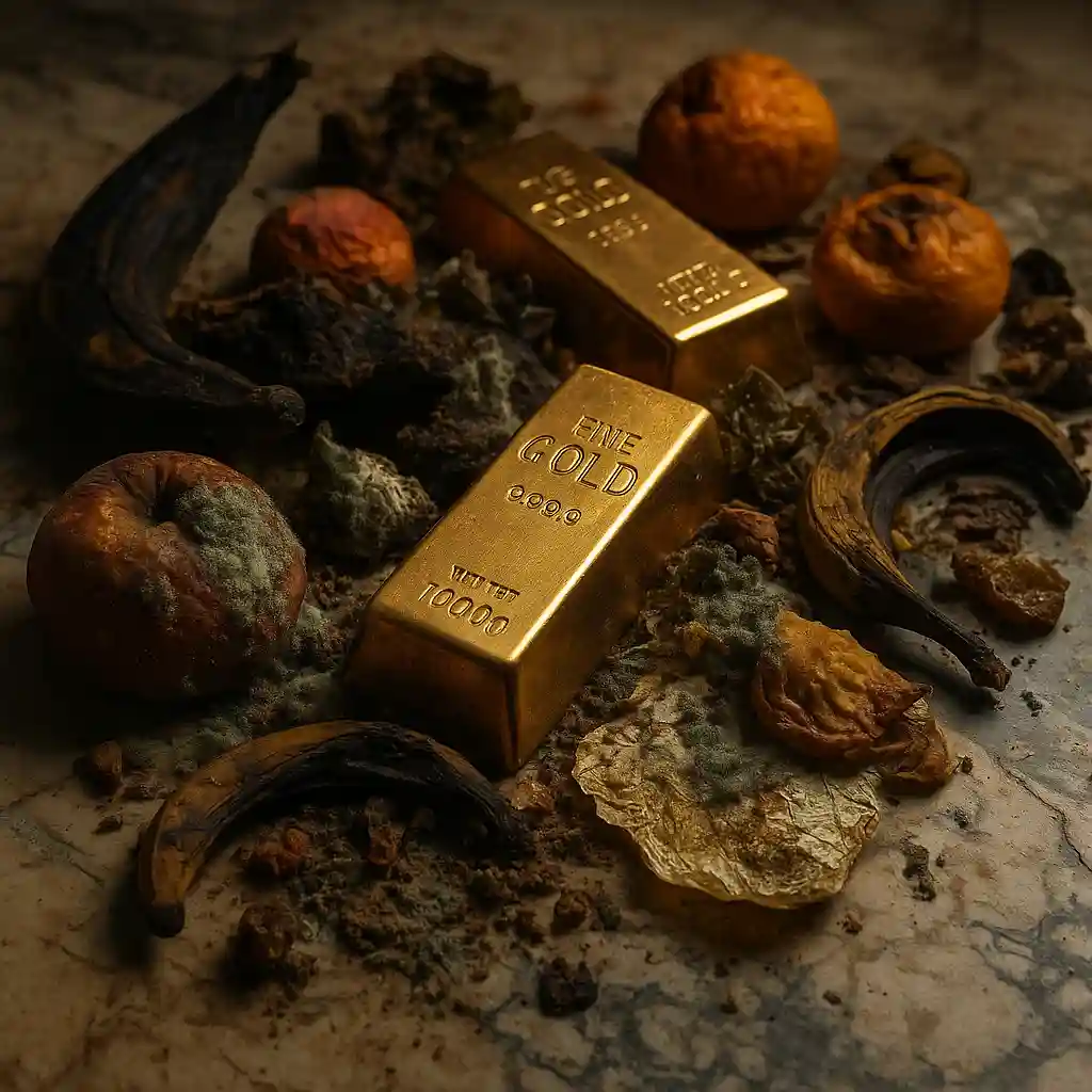 Bold titlecard showing concept of Scat Gold and financial decay