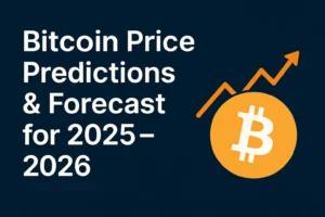 Bitcoin Price Predictions & Forecast for 2025–2026 with upward chart and Bitcoin symbol on blue background.