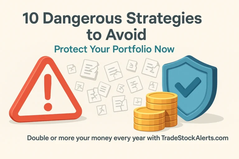 3D landscape illustration with a red warning sign, broken strategy icons, and a protective shield over coins, representing 10 dangerous investment strategies to avoid