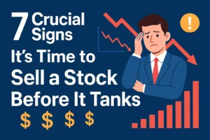 Illustration of a worried investor with downward market charts, representing 7 crucial signs to sell a stock before it tanks