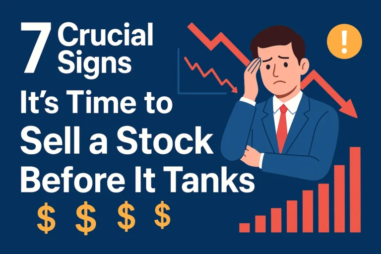 Illustration of a worried investor with downward market charts, representing 7 crucial signs to sell a stock before it tanks