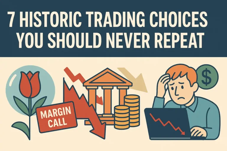Illustration of 7 historic trading mistakes including margin calls, tulip bubbles, and emotional investing, with a distressed trader shown beside a crashing chart