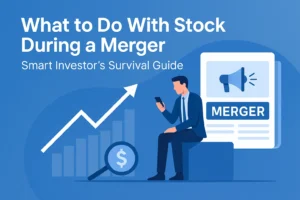 What to Do With Stock During a Merger – Smart Investor's Survival Guide, featuring an investor with a smartphone, a rising stock chart, and merger news graphic.