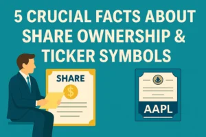 Illustration showing a man holding a share certificate and an Apple Inc. stock ticker symbol (AAPL), representing share ownership and ticker concepts.
