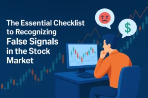 The Essential Checklist to Recognizing False Signals in the Stock Market — illustrated investor analyzing charts at a desk with emotion icons.