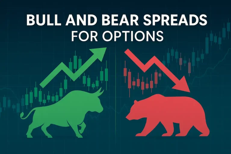 Digital illustration titled "Bull and Bear Spreads for Options" featuring bullish (green) and bearish (red) chart patterns and symbolic market animals in a landscape format