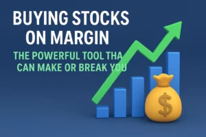 3D infographic promoting “Buying Stocks on Margin” with chart and money bag.