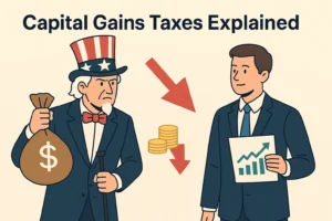 Capital Gains Taxes Explained — Uncle Sam and investor illustrating tax impact