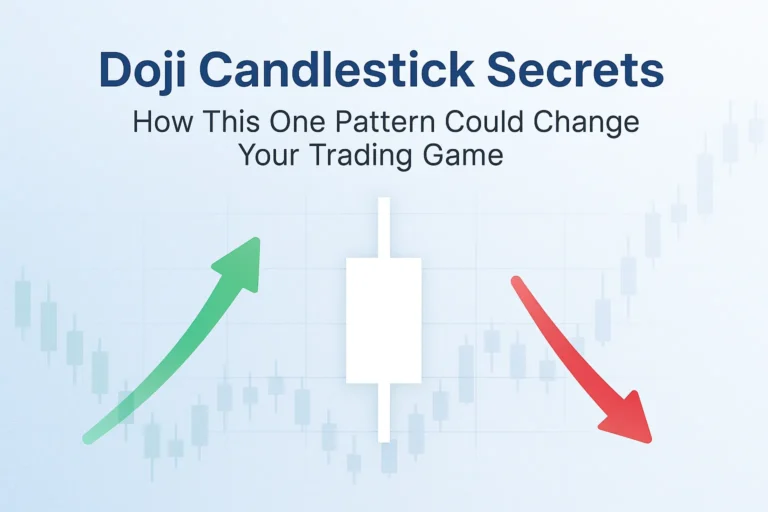 Landscape illustration of a Doji candlestick with bullish and bearish trend arrows, representing market indecision.