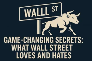 Game-Changing Secrets: What Wall Street Loves and Hates – bold typography with Wall Street sign and charging bull silhouette