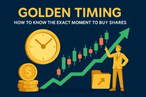 Golden Timing: How to Know the Exact Moment to Buy Shares – 3D-style illustration of a golden clock, stock chart, coins, and a business figure pointing to growth.