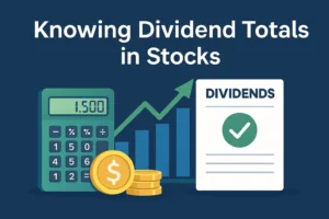 Knowing Dividend Totals in Stocks illustration featuring a calculator, coins, upward chart, and dividend document.