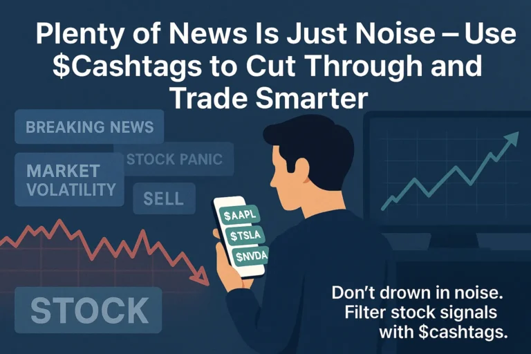 A trader swiping through noisy stock headlines contrasted with clear $cashtag signals
