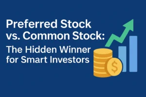 Preferred Stock vs. Common Stock blog header graphic with coins, bar chart, and upward arrow.