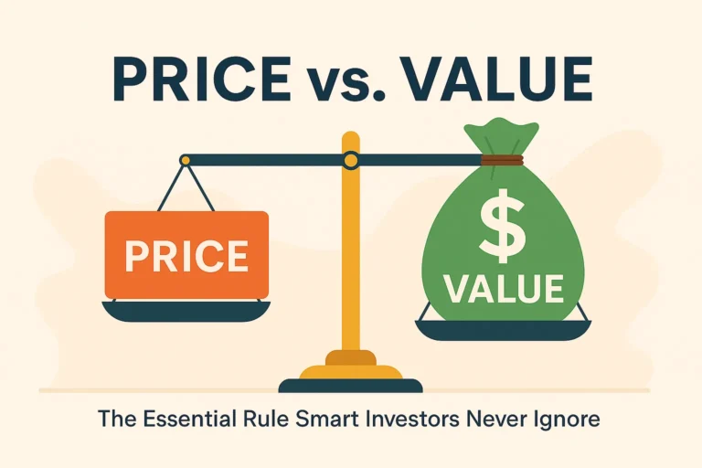 Minimalist landscape illustration showing an orange "Price" block and a green "Value" money bag balanced on a scale, with the subtitle “The Essential Rule Smart Investors Never Ignore” beneath.