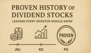 proven history of dividend stocks — timeline, dividend growth icons, and “proven” badge