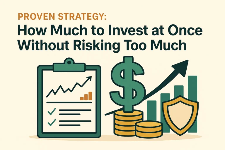 Proven strategy guide on how much to invest at once without risking too much, featuring a graph, dollar sign, coins, shield, and upward arrow.