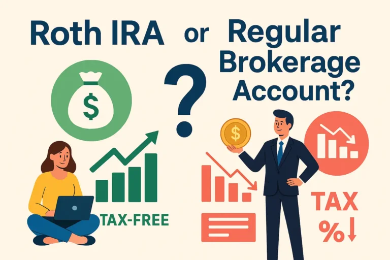 Illustration comparing Roth IRA and regular brokerage account, showing tax-free growth versus taxed investing.