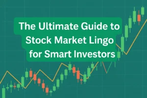 Landscape image featuring the title ‘The Ultimate Guide to Stock Market Lingo for Smart Investors’ with candlestick charts and trendlines on a teal background.