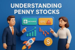 3D hero illustration of penny stocks with characters analyzing explosive opportunities