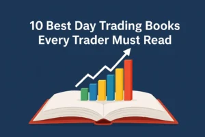 10 Best Day Trading Books Every Trader Must Read — illustrated with an open book and rising bar chart