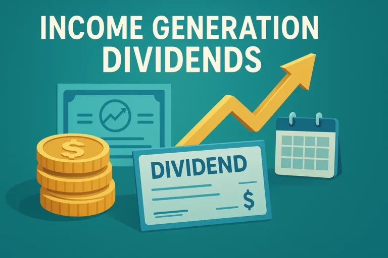 Income generation with dividends—gold coins, dividend check, rising arrow and calendar illustrating passive income in stock trading