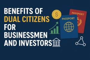 Benefits of dual citizenship for businessmen and investors with passports, financial icons, and global connections