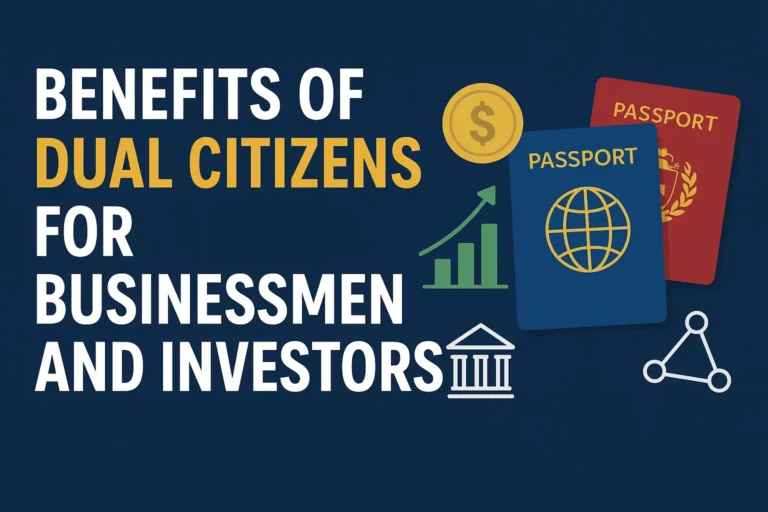 Benefits of dual citizenship for businessmen and investors with passports, financial icons, and global connections