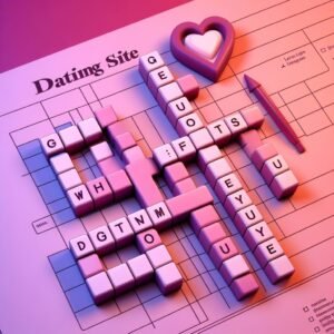 Get Who Gets You dating site Crossword: A crossword puzzle with the words 'Get Who Gets You' and 'dating site' in it, with a heart-shaped cursor pointing at the intersection of the two words. The background is a gradient of pink and purple.