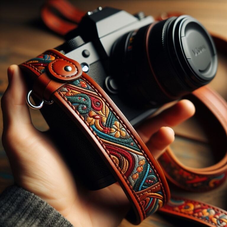 A Leather Camera Hand Grip Strap with creative design and a color of brown