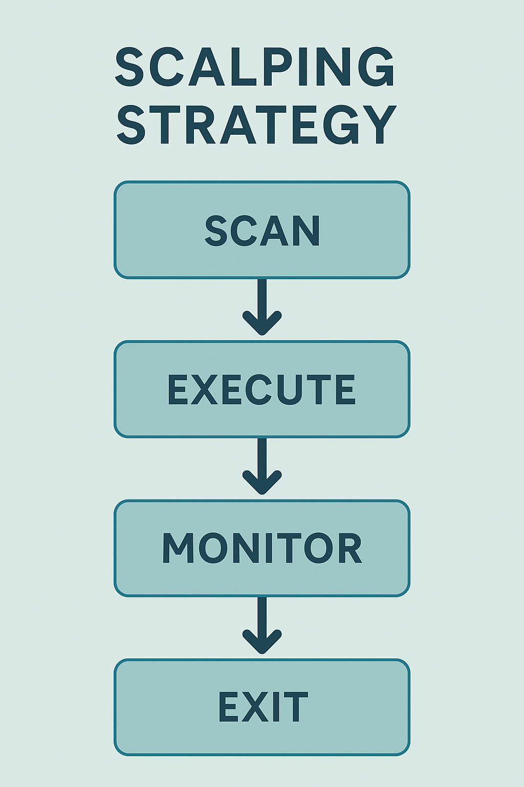 lowchart for scalping strategy: scan, execute, monitor, exit.