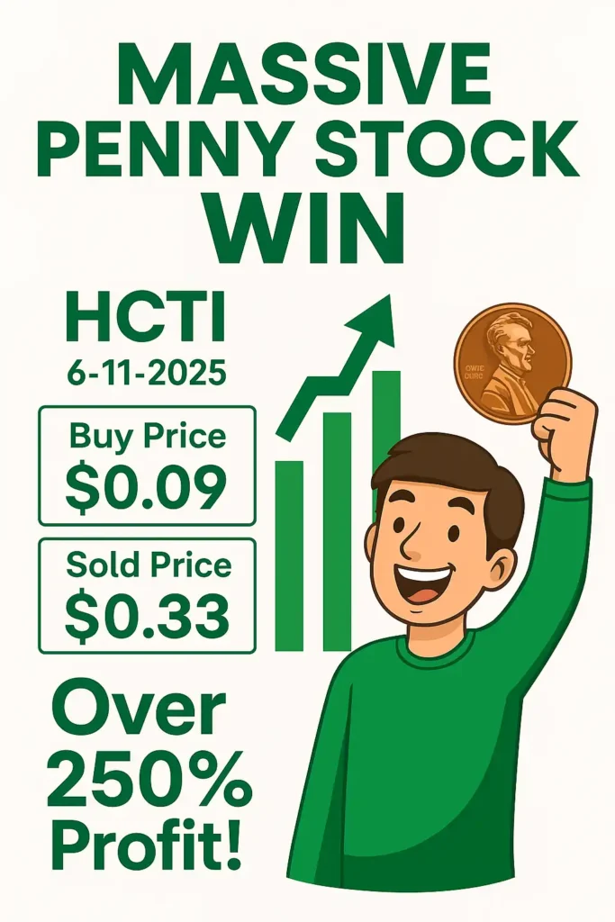 Massive penny stock win on HCTI showing 250%+ profit with buy and sold prices, candlestick chart, and penny visual
