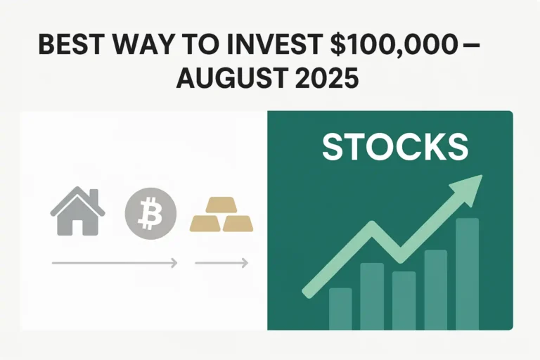 Split-screen infographic comparing real estate, Bitcoin, and gold (left side) with a rising stock chart (right side), titled “Best Way to Invest $100,000 – August 2025”.