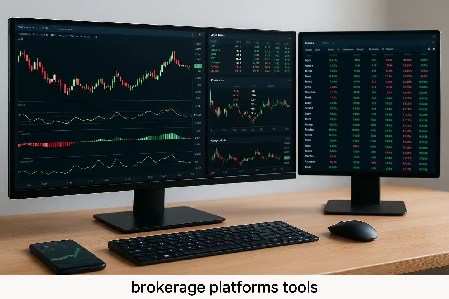 Modern multi-screen brokerage trading setup showing real-time charts, order book, and watchlist on different monitors