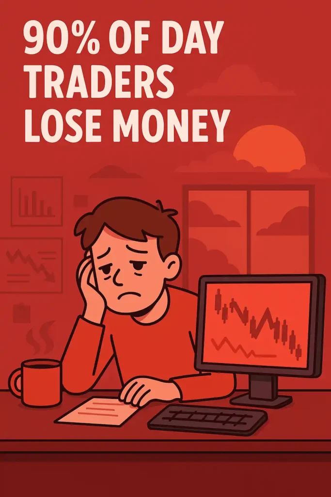 A cartoon-style trader sits overwhelmed at a cluttered desk with red stock charts and a dim sunrise in the background.
