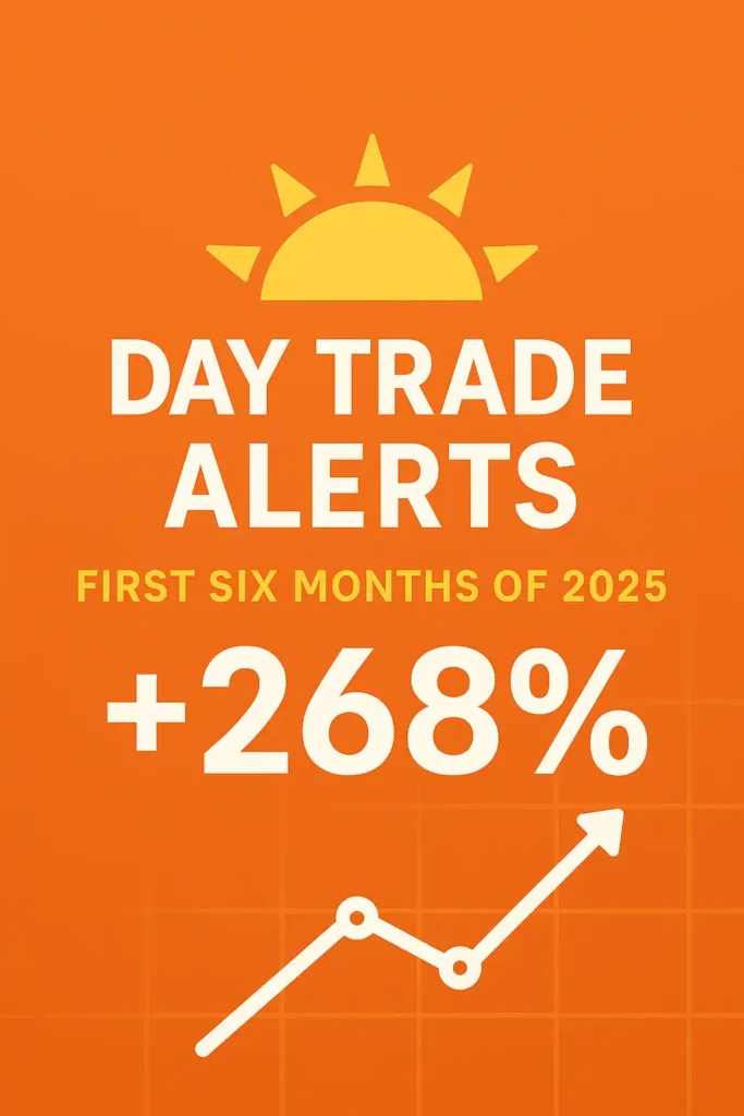 "Infographic showing +268% gain from day trade alerts during the first six months of 2025 with a rising sun icon."