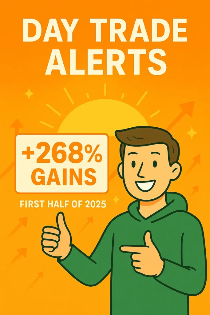 Cartoon-style sunrise background with text 'Day Trade Alerts' and '+268% Gains First Half of 2025' with a cheerful cartoon guy pointing upward