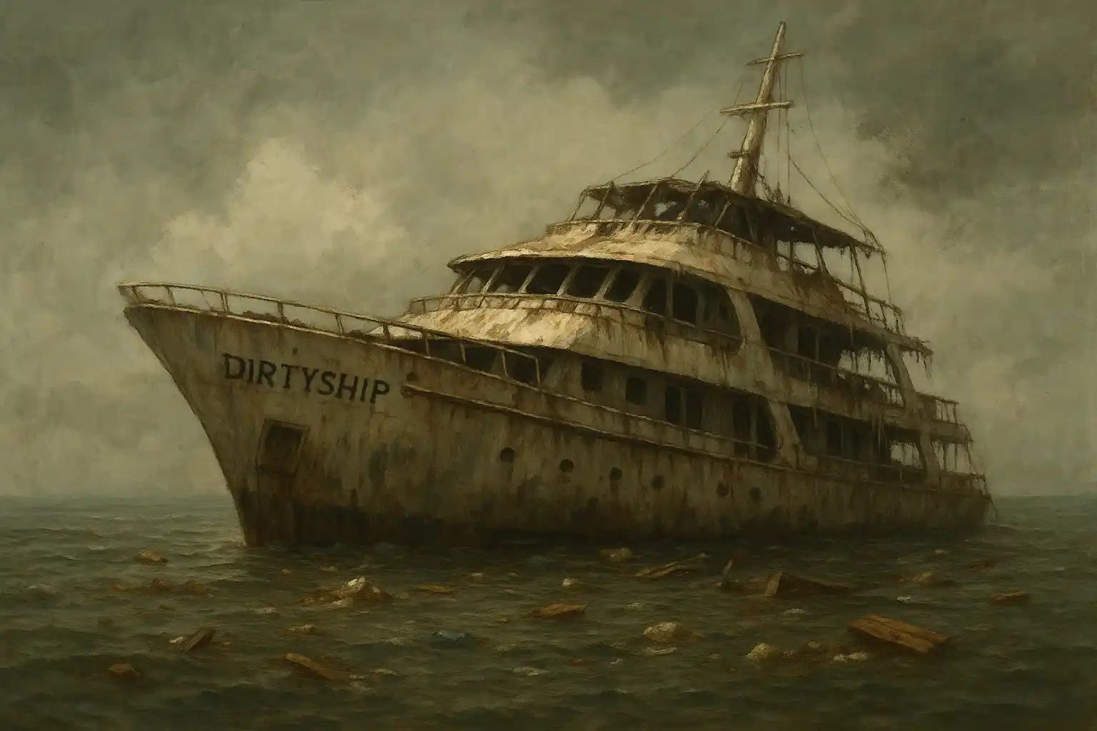 The decaying ship named DIRTYSHIP represents financial pride and collapse