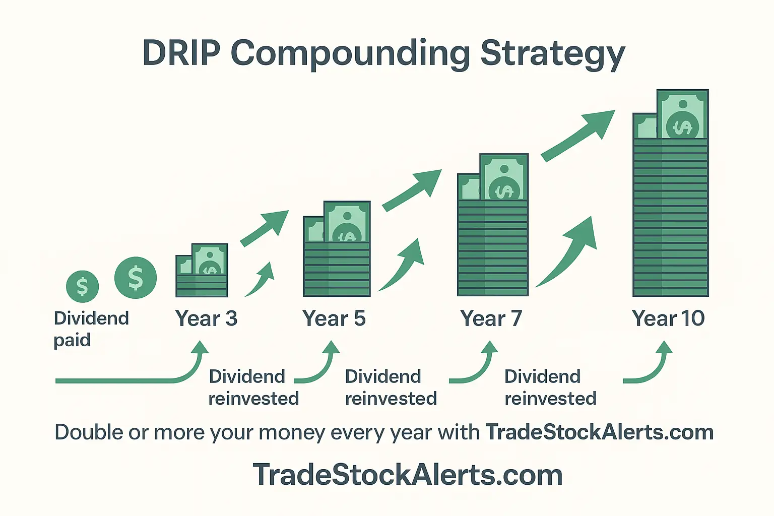 Timeline showing dividend reinvestment and compounding results over time