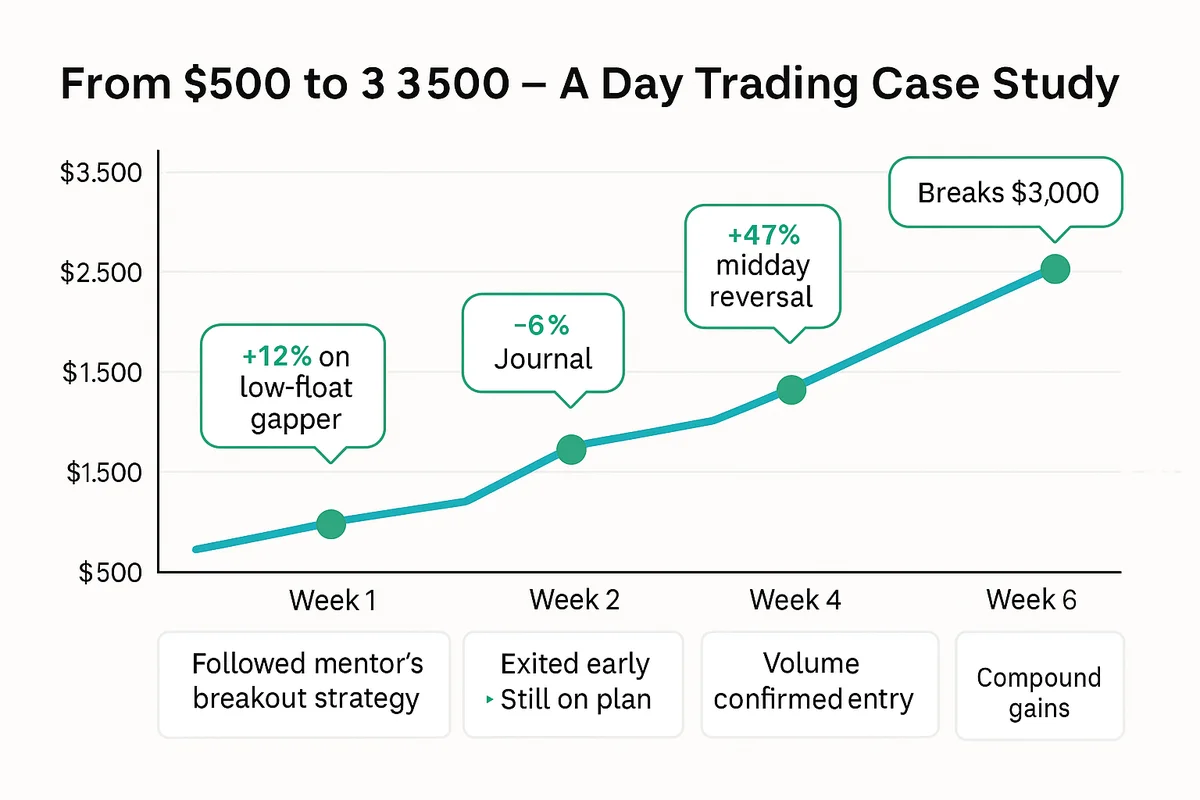 Case study of $500 to $3,500 account growth through mentor-guided trading