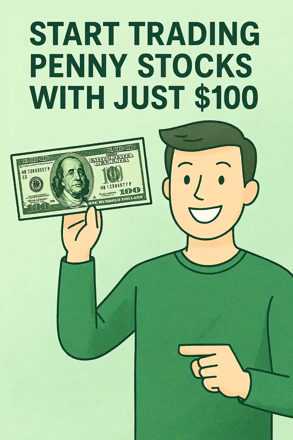Person holding a $100 bill with green financial elements, symbolizing low-cost entry into penny stock trading.