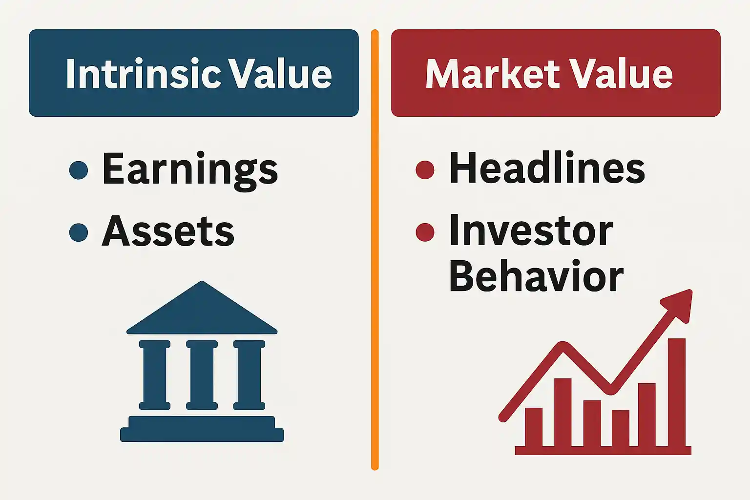 A visual split between company fundamentals (earnings, assets) and news-based market sentiment like headlines and investor behavior