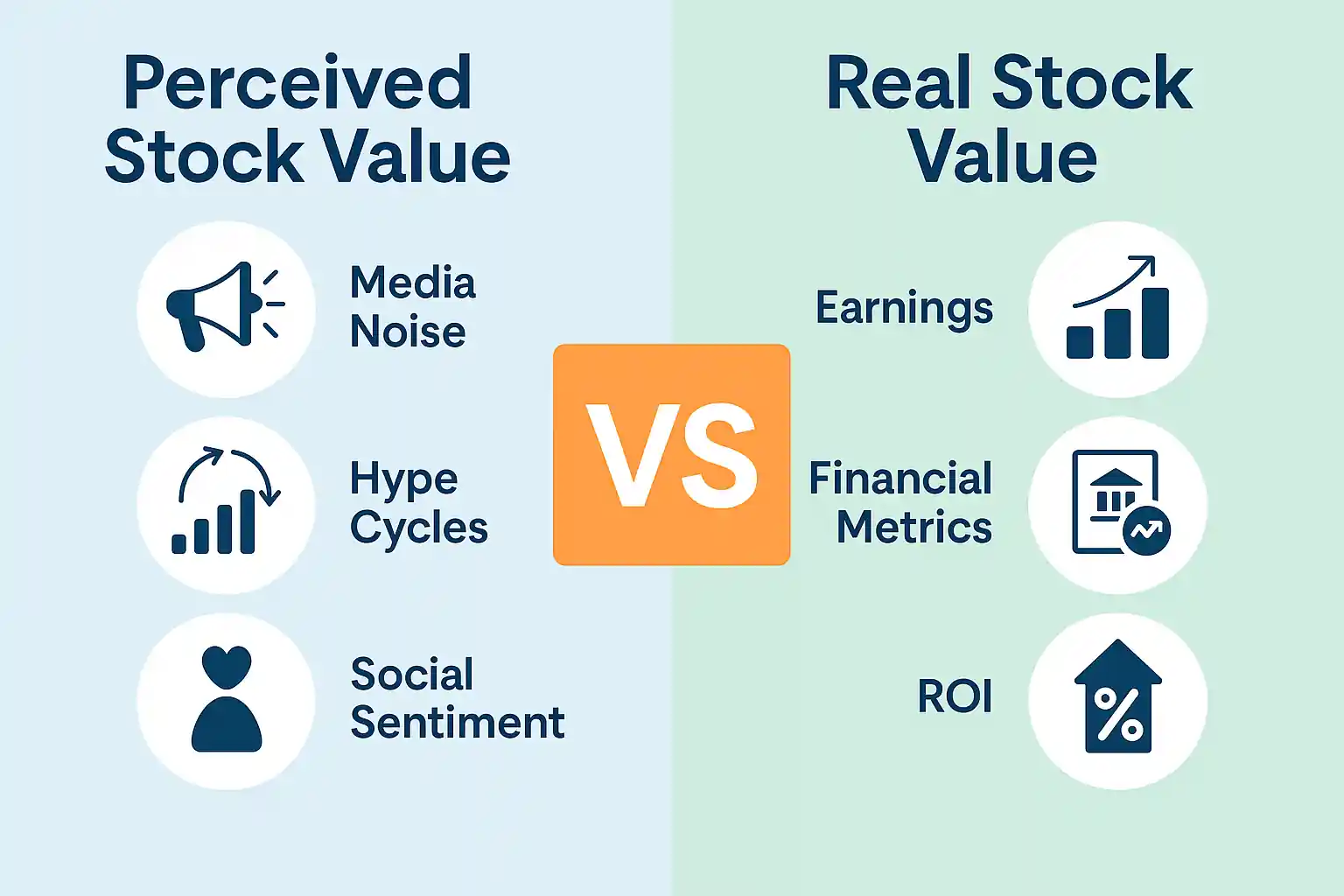 Illustrated diagram of media noise, hype cycles, and social sentiment compared to financial metrics like earnings and ROI