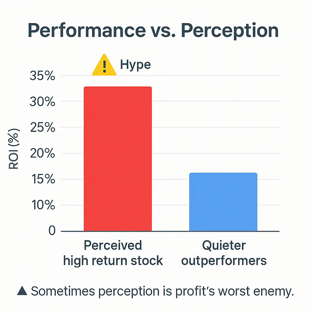 Comparison bar chart: perceived gain vs. actual ROI across 3 stocks