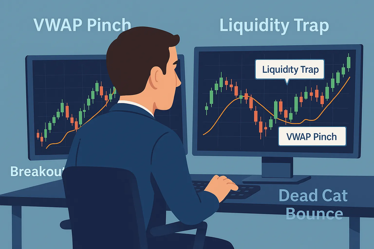 Professional stock trader using dual screens to monitor candlestick charts with labels like VWAP Pinch and Liquidity Trap