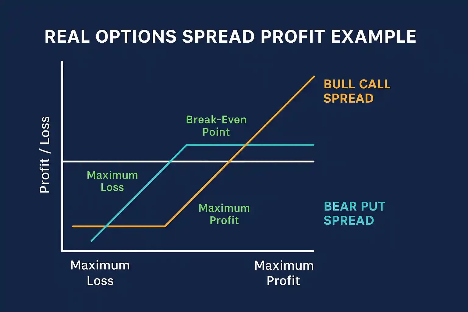 Real P/L chart of a bull call spread and bear put spread setup, highlighting max profit and break-even zones