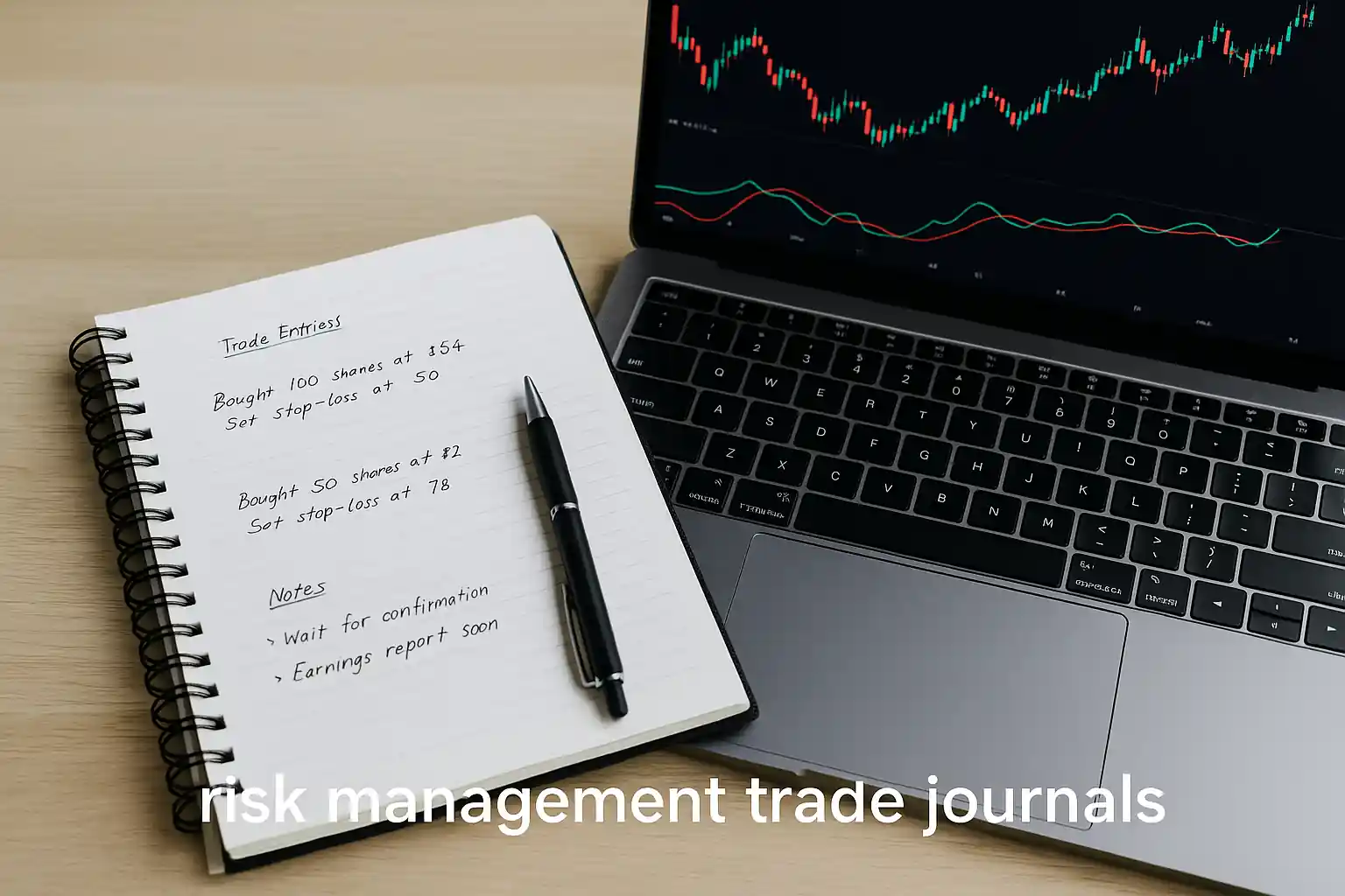 A trading journal open beside a laptop showing charts, with notes on trade entries and stop-loss strategy
