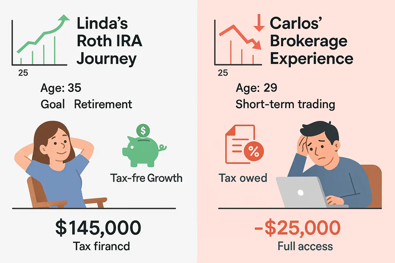 Side-by-side investor paths: Roth IRA vs. Brokerage case studies