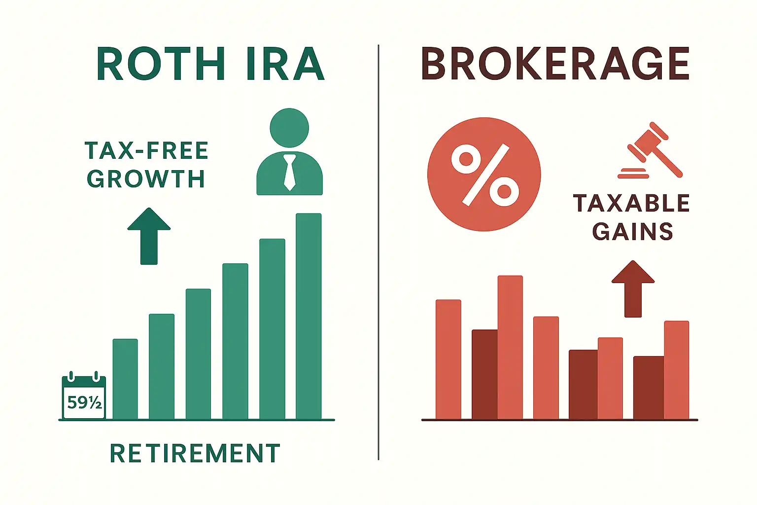 Comparison of Roth IRA tax benefits and brokerage taxable gains
