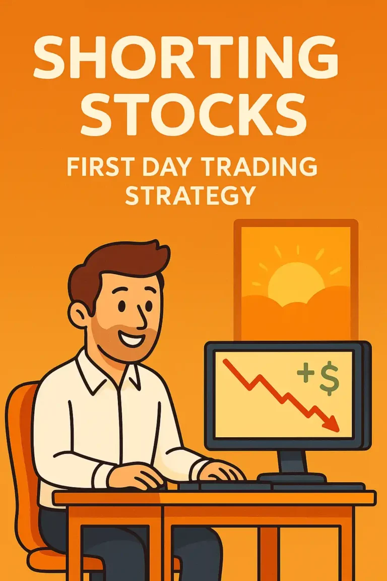Cartoon trader shorting stocks with sunrise and profit chart